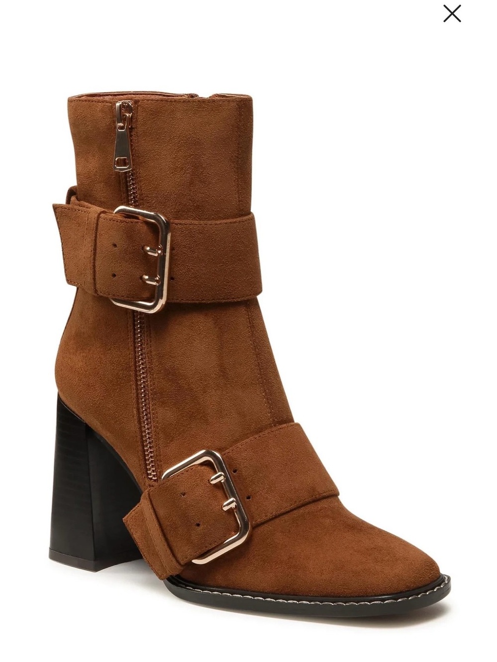 Chestnut Suede Buckle Block-Heel Ankle Boot